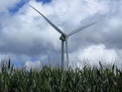 Wind turbine in a cornfield in Tournai, Belgium, with dramatic cloudy sky.